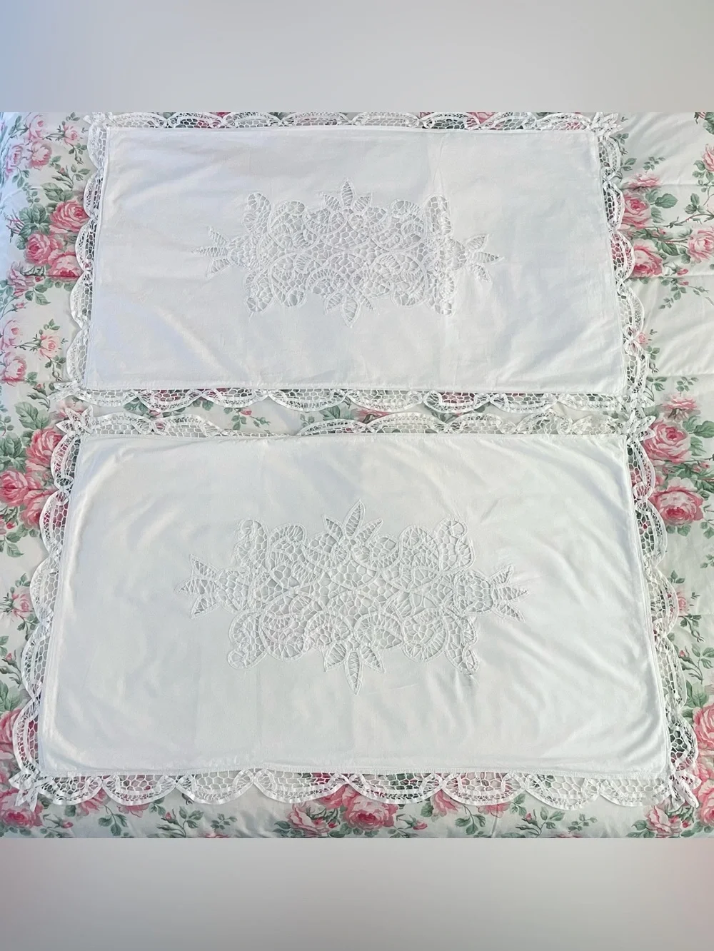 Vintage Battenburg Lace Pillowcase Shams (2) White Cotton Shabby Chic King Sz